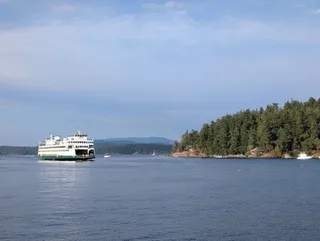A Washington State ferry coming around a forested point in the evening light