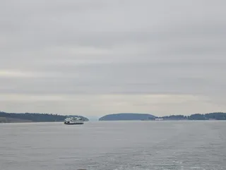 Another green and white Washington State ferry crossing gray water between forested islands