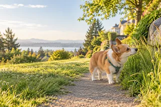 Corgi exploring a sunny path