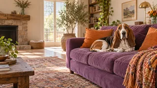 Basset hound on a purple sofa