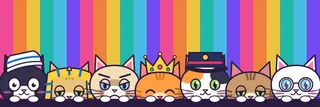 Seven famous cats in hats peek over a ledge in front of rainbow stripes