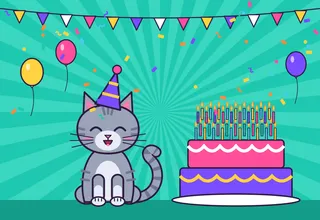 A grey tabby in a purple party hat laughs beside an enormous layered birthday cake covered in candles