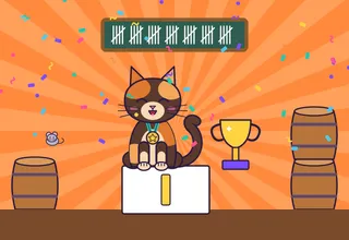 A tortoiseshell cat wearing a gold medal stands on a winner's podium beside a trophy