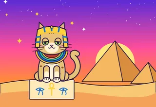 A spotted cat in a pharaoh's headdress sits in front of the pyramids at sunset