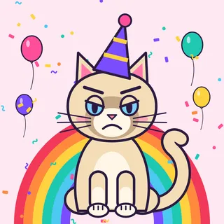 A deeply unimpressed cream cat in a party hat sits in front of a rainbow