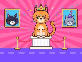 A smug ginger cat in a golden crown sits on a museum pedestal behind red velvet ropes