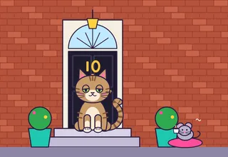 A smug tabby sits on the doorstep of a black door numbered 10 while a mouse sips tea nearby