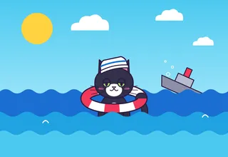An unbothered black and white cat in a sailor hat floats in a life ring while a ship sinks behind him