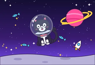 A wide-eyed tuxedo cat floats through space in a bubble helmet